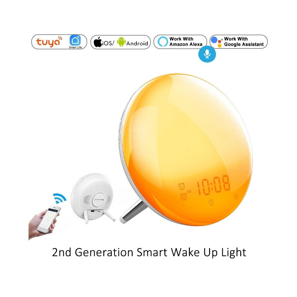 WiFi Smart Wake Up Light Workday Clock Sunrise/Sunset Simulation 4 Alarms Works with Alexa Google Home Tuya App Remote Control