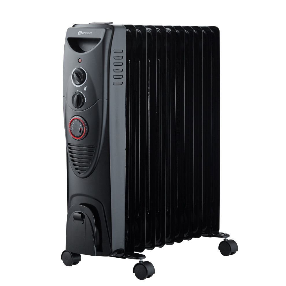PureMate 2500W Oil Filled Radiator - 11 Fin Portable Electric Heater - Black