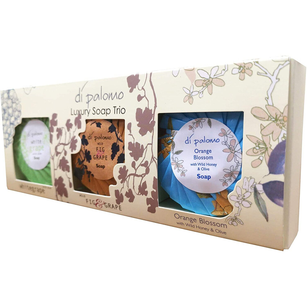 Di Palomo White/Orange - Pack Of Three 100G Soap - Wild Fig & Grape - Grape With Aloe - Blossom With Honey