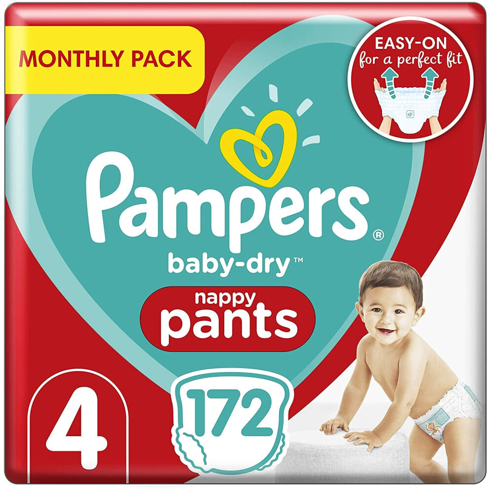 Pampers Baby Nappy Pants Size 4 (9-15 kg/20-33 Lb), Baby-Dry, 172 Count, MONTHLY SAVINGS PACK, Easy-Up Pull On Nappies