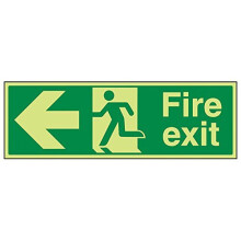 VSafety Glow In The Dark Fire Exit Arrow Left Sign - 450mm x 150mm - Rigid Plastic