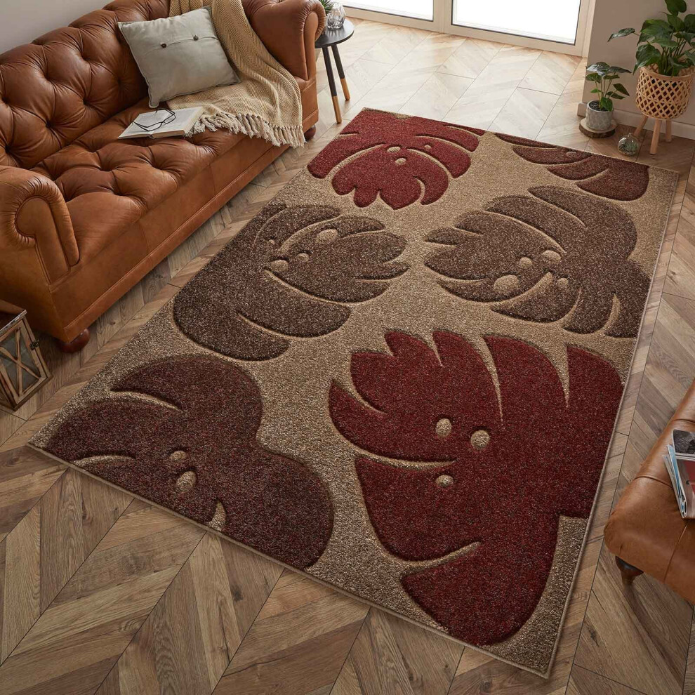 Oriental Weavers (23. 7155Q Leaf - Beige Terracotta, 80 X 150 Cm) Modern Geometric Floral Abstract Area Rugs Check Multi Colou Non Slip Runner Red