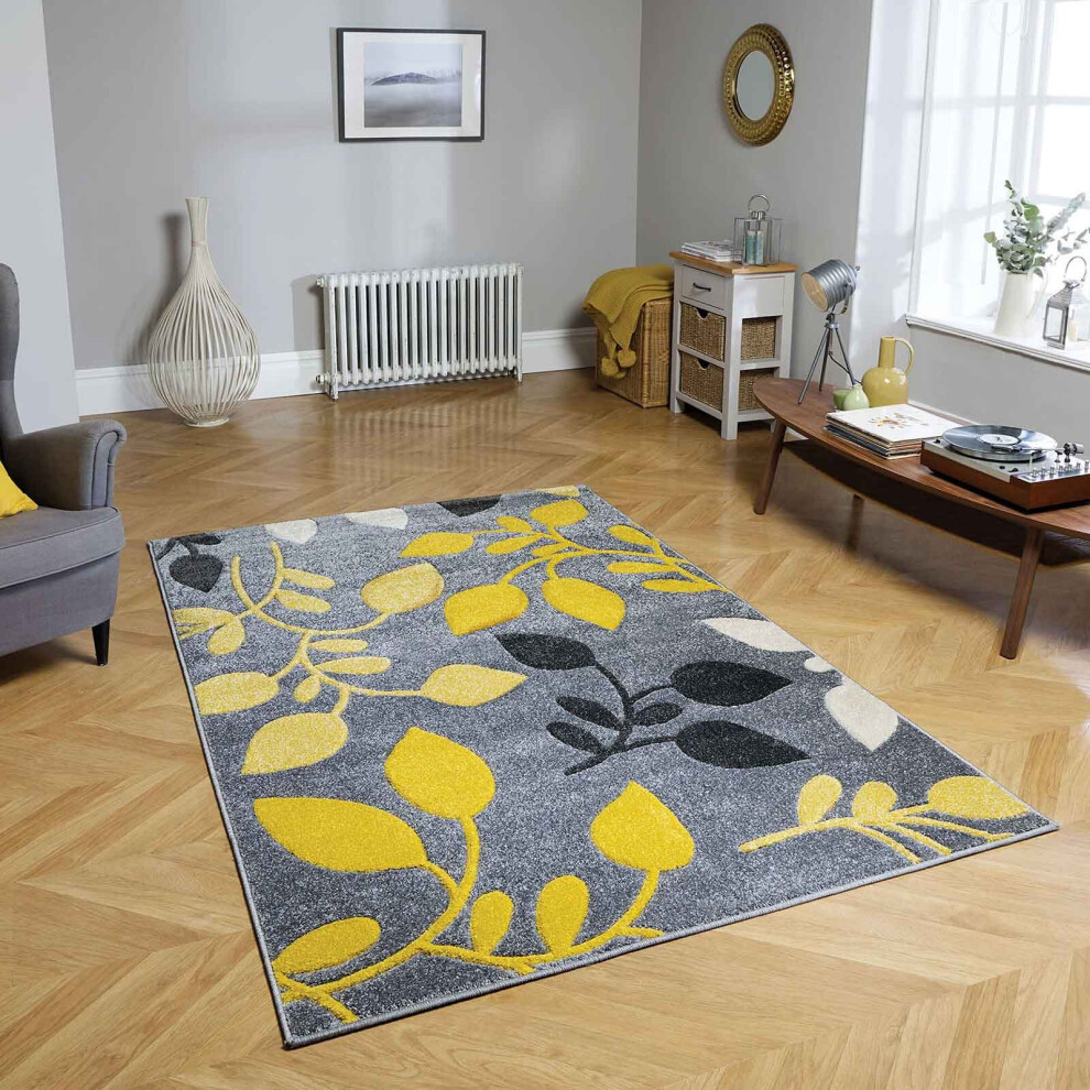 (14. 1096 1 Floral - Grey / Yellow, 120 x 170 cm) Modern Geometric Floral Abstract Area Rugs Check Multi Coloured Non Slip Runner