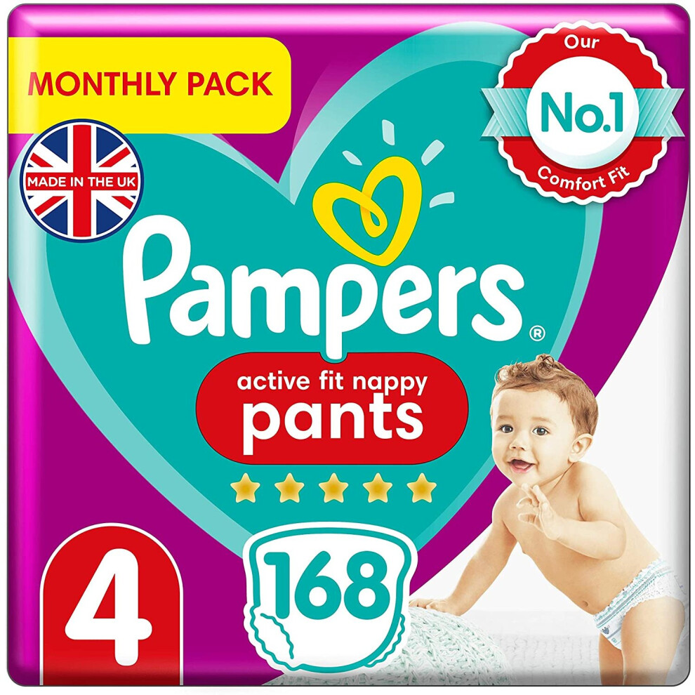 Pampers Baby Nappy Pants Size 4 (9-15 kg/20-33 Lb), Active Fit, 168 Count, MONTHLY SAVINGS PACK, Easy-Up Pull On Nappies