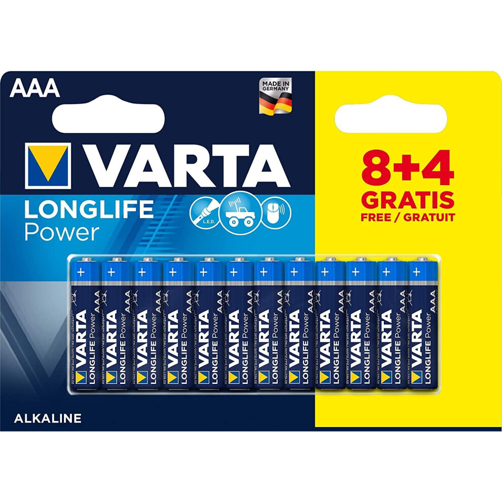 VARTA Longlife Power AAA Micro LR03 Alkaline Battery (8+4-pack) - Made in Germany - ideal for toys, torches, controllers and other battery-powered