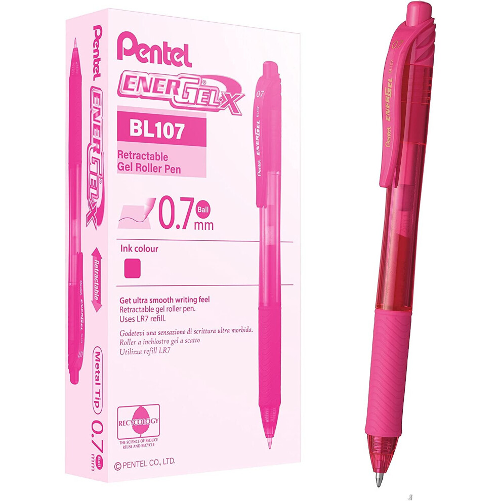 Pentel EnerGel BL107-P Gel-Ink Roller Ball Pens with Click Top, 0.35 mm - Pink (Pack of 12)