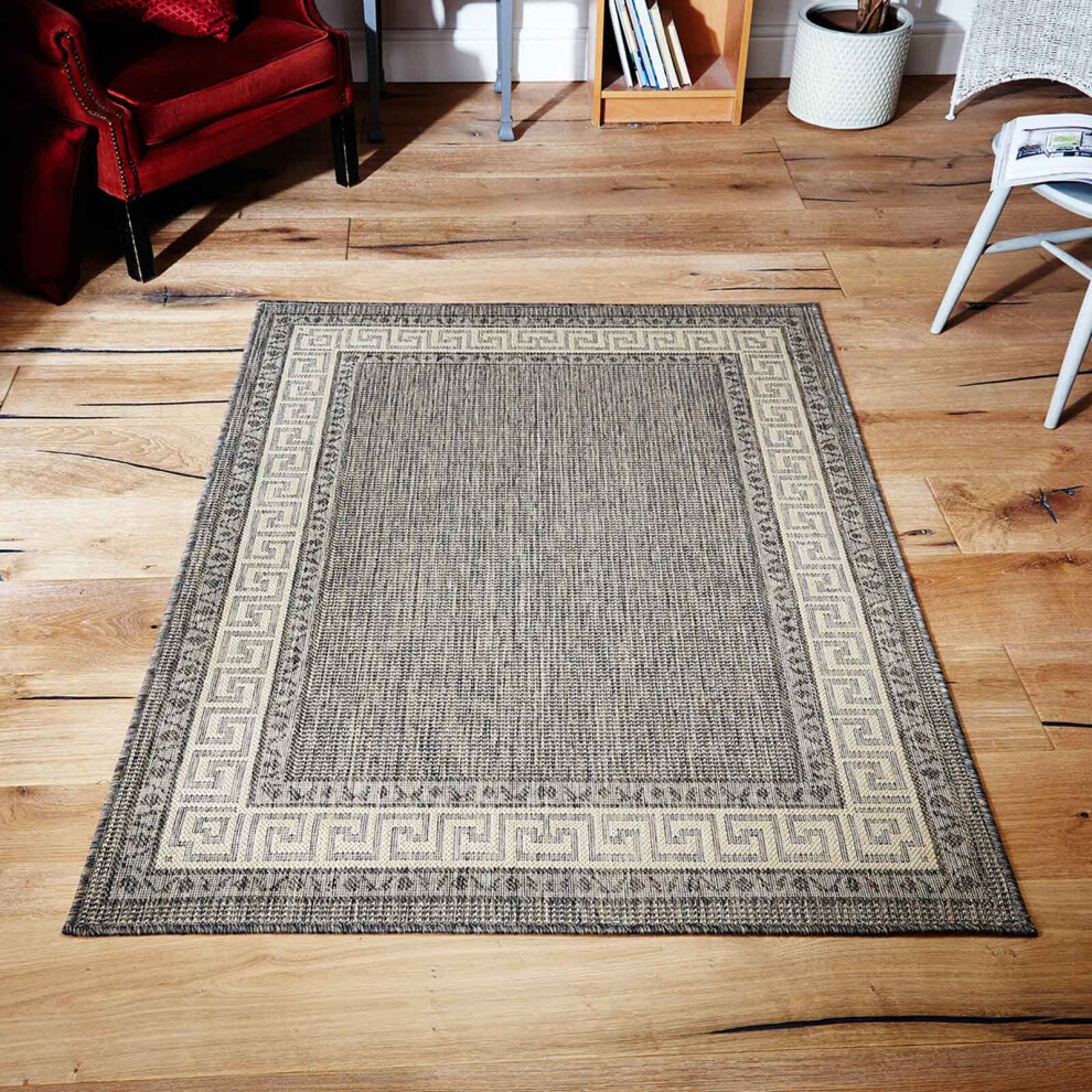 (Greek - Grey, 160 x 225 cm) Non Slip Outdoor/Indoor Flatweave Rugs Patio garden Small Extra Large Mats Hall Runner Modern Geometric Trellis Greek Key