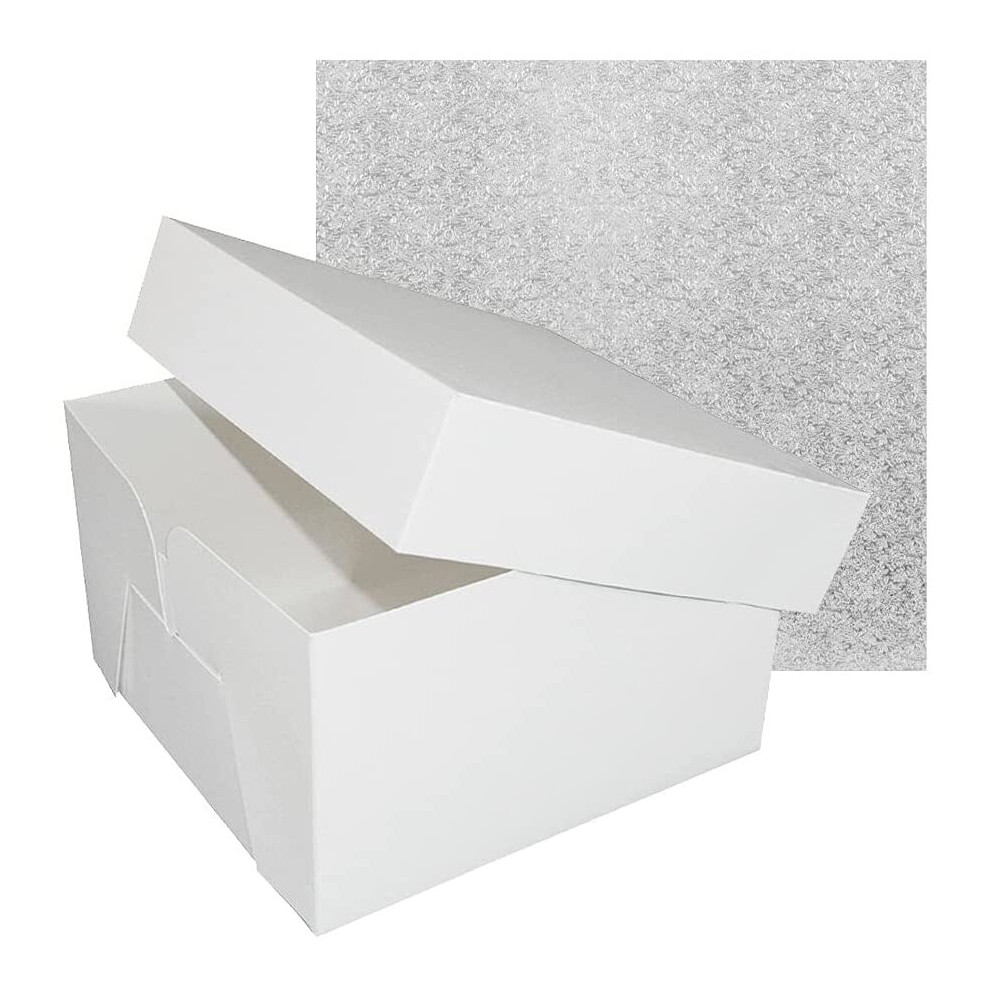 Culpitt 8 Inch Square Cake Drum Board & Cake Box Combo Silver/White