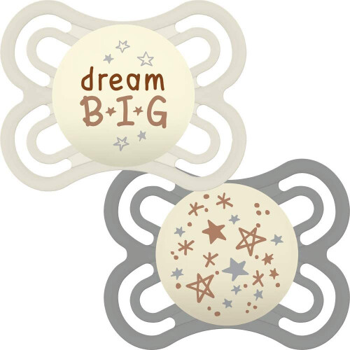 MAM MAM Perfect Night Soothers 0+ Months (Pack of 2), Thinner and Softer Baby Soothers with Self Sterilising Travel Case, Newborn Essentials, White/Grey