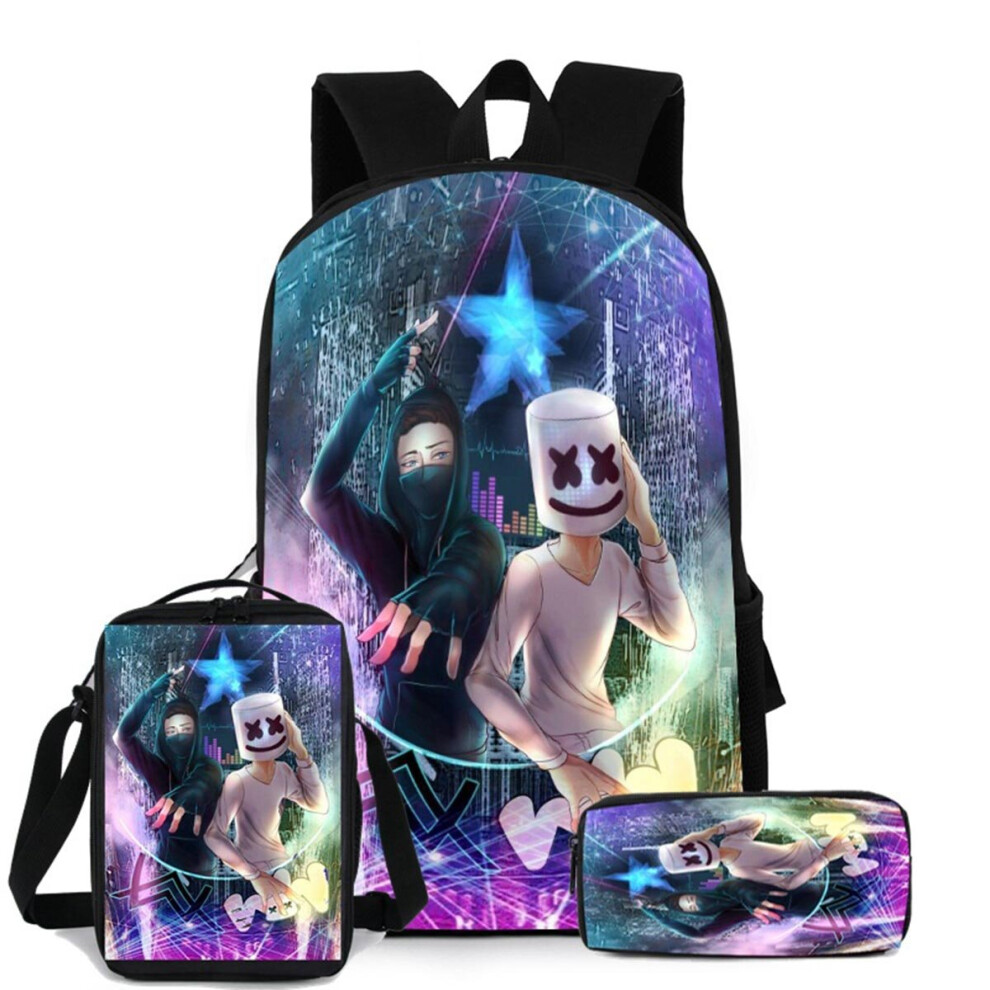 (C) DJ Marshmello Backpack Travel Laptop Bag 3pcs Schoolbag Penbag Bookbag