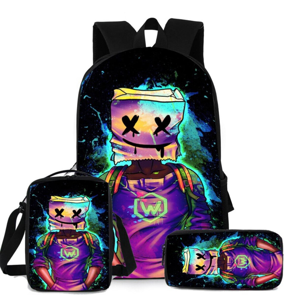 (B) DJ Marshmello Backpack Travel Laptop Bag 3pcs Schoolbag Penbag Bookbag