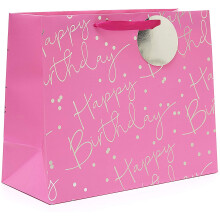 Large Gift Bag - Birthday Gift Bag for Presents - Pink and Silver Foil Happy Birthday Design