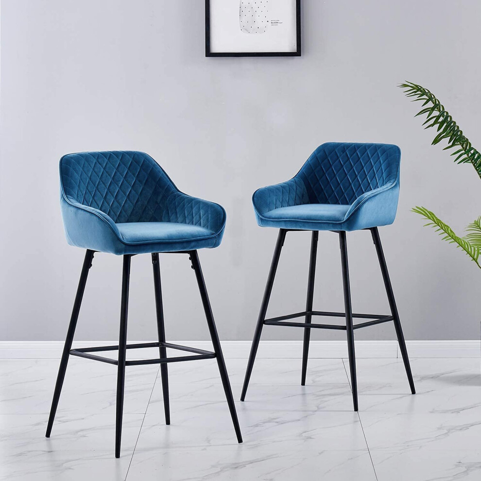 (Teal(Velvet), 2 Bar Stools) Bar Stool Breakfast High Counter Chair Pub Kitchen