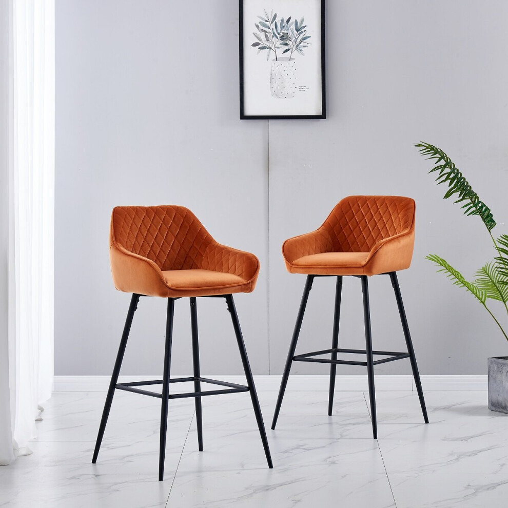 (Orange(Velvet), 2 Bar Stools) Bar Stool Breakfast High Counter Chair Pub Kitchen