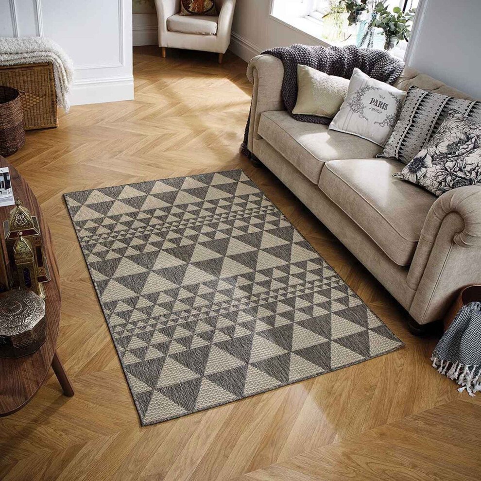 (Prism - Grey, 80 x 150 cm) Non Slip Outdoor/Indoor Flatweave Rugs Patio garden Small Extra Large Mats Hall Runner Modern Geometric Trellis Greek Key