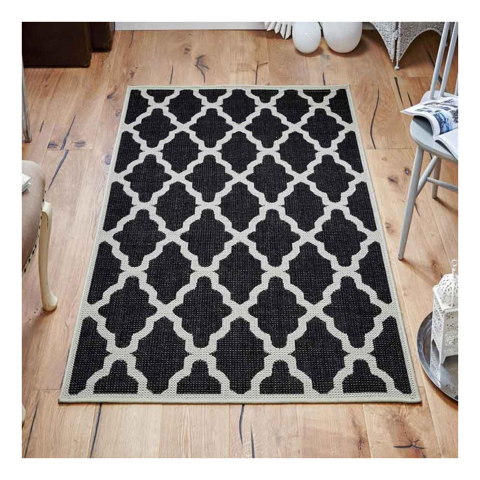 (Trellis - Black, 60 x 180 cm : Runner) Non Slip Outdoor/Indoor Flatweave Rugs Patio garden Small Extra Large Mats Hall Runner Modern Geometric Trelli