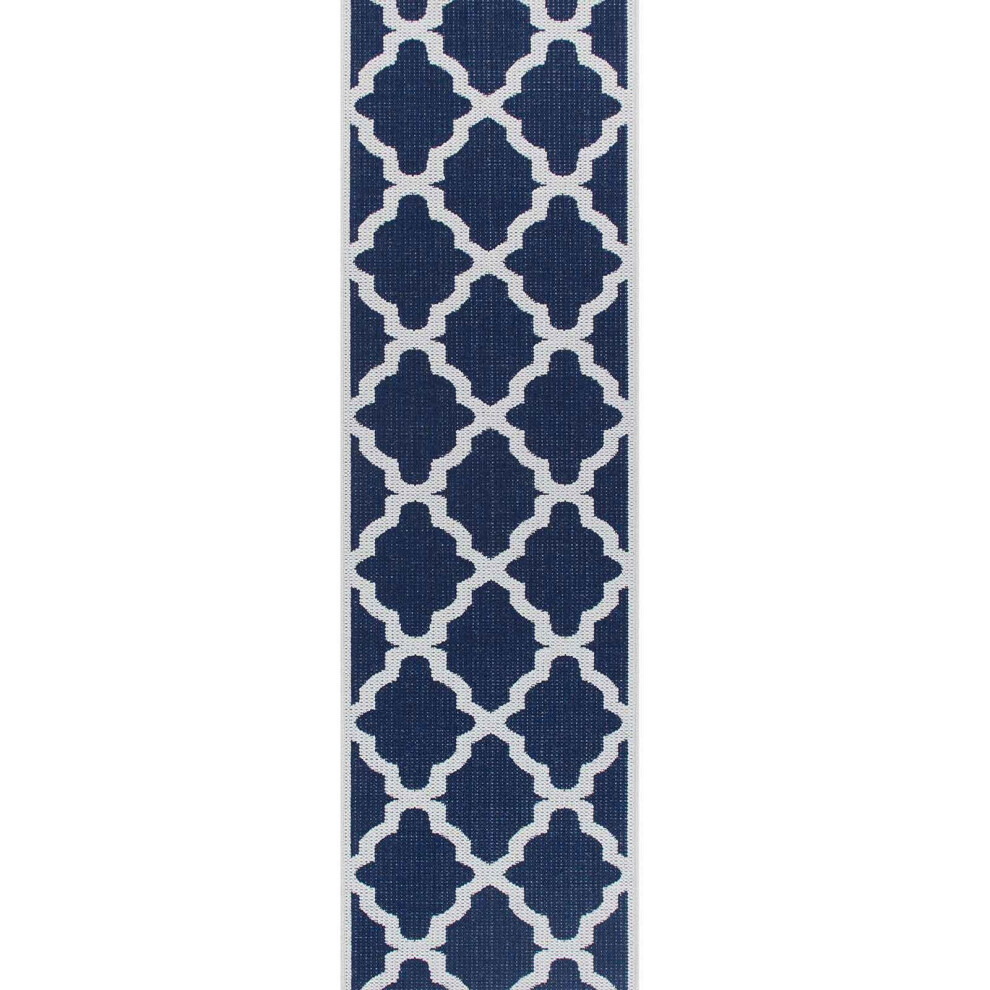 (Trellis - Blue, 60 x 230 cm : Runner) Non Slip Outdoor/Indoor Flatweave Rugs Patio garden Small Extra Large Mats Hall Runner Modern Geometric Trellis