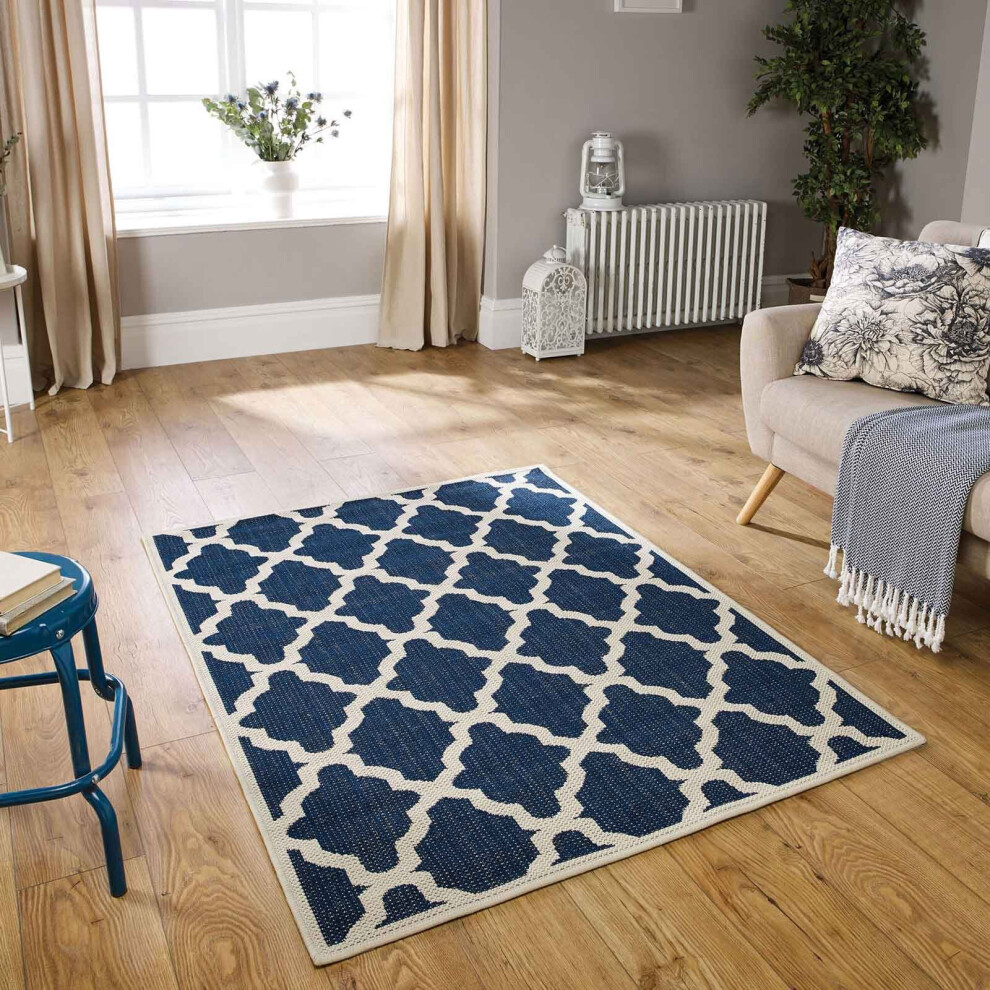 (Trellis - Blue, 120 x 160 cm) Non Slip Outdoor/Indoor Flatweave Rugs Patio garden Small Extra Large Mats Hall Runner Modern Geometric Trellis Greek K