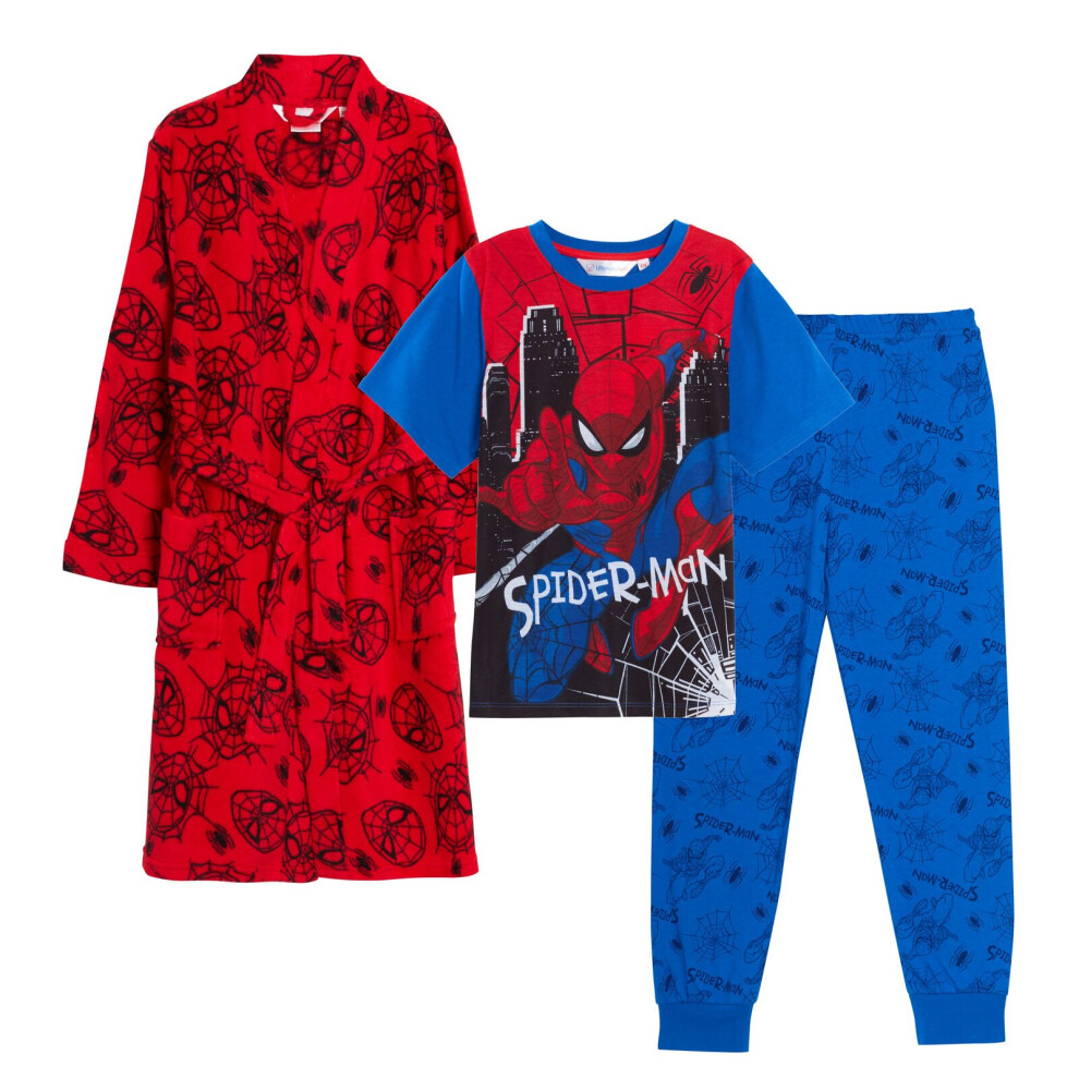 (7-8 Years) Boys Spiderman Dressing Gown + Spiderman Pyjamas Matching 3pc Set Bathrobe + Pjs