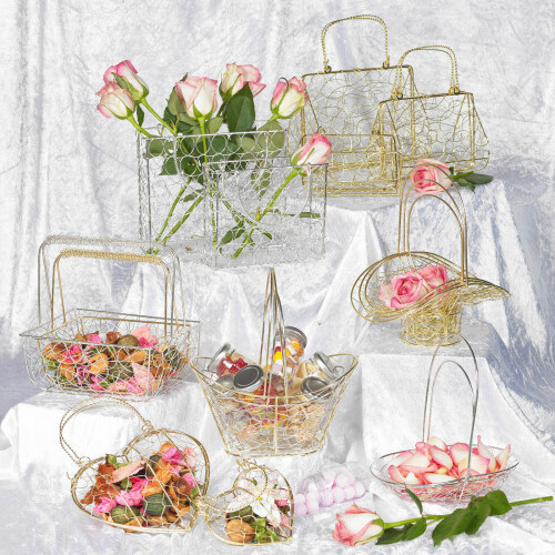 (Heart Purse, Ivory ) Large Metal Wire Mesh Wedding Table Decor Baskets