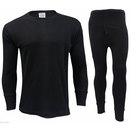 (Black, S) Men Long Johns Set Thermal Trouser Long Sleeve Top