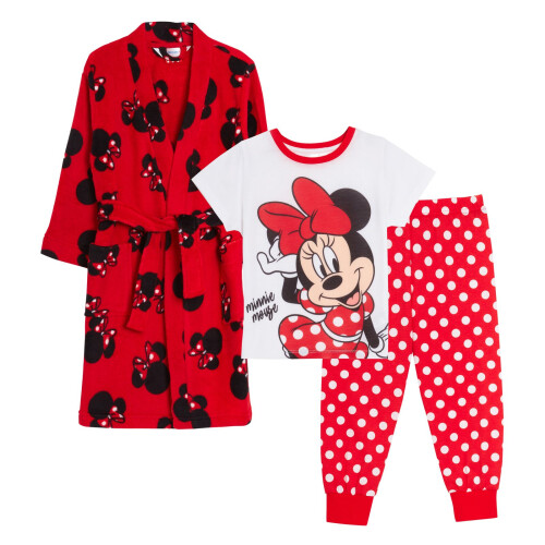 Disney (7-8 Years) Girls Minnie Mouse Dressing Gown + Pyjamas 3pc Matching Set Red Bathrobe + Pjs