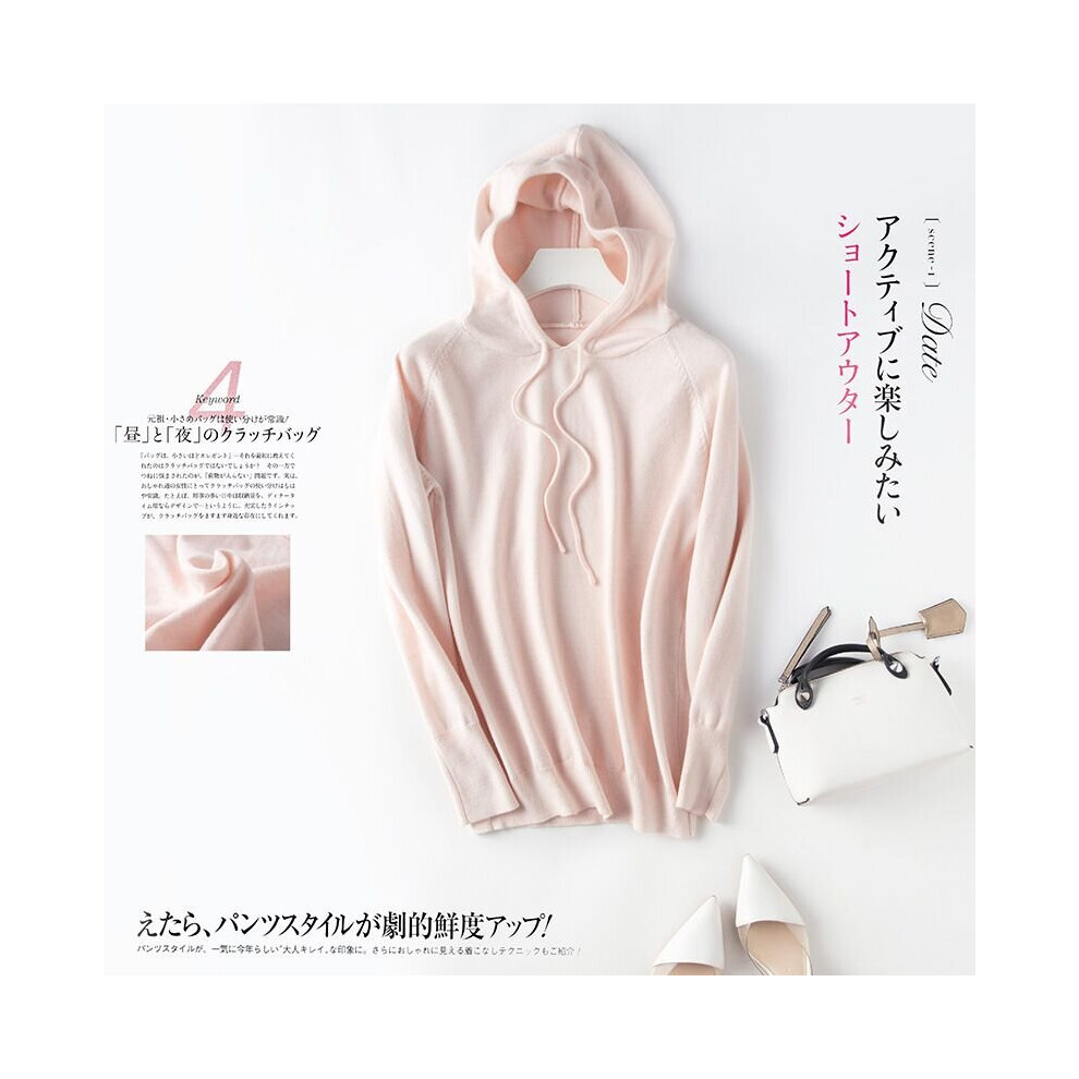(Beige, L) Women's Loose Sweater Knitted Soft Cashmere Hoodies Coat Hooded Sweatshirt Tops