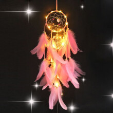 (Pink) LED Girl Heart Dream Catcher National Feather Ornaments Lace Ribbons Feathers