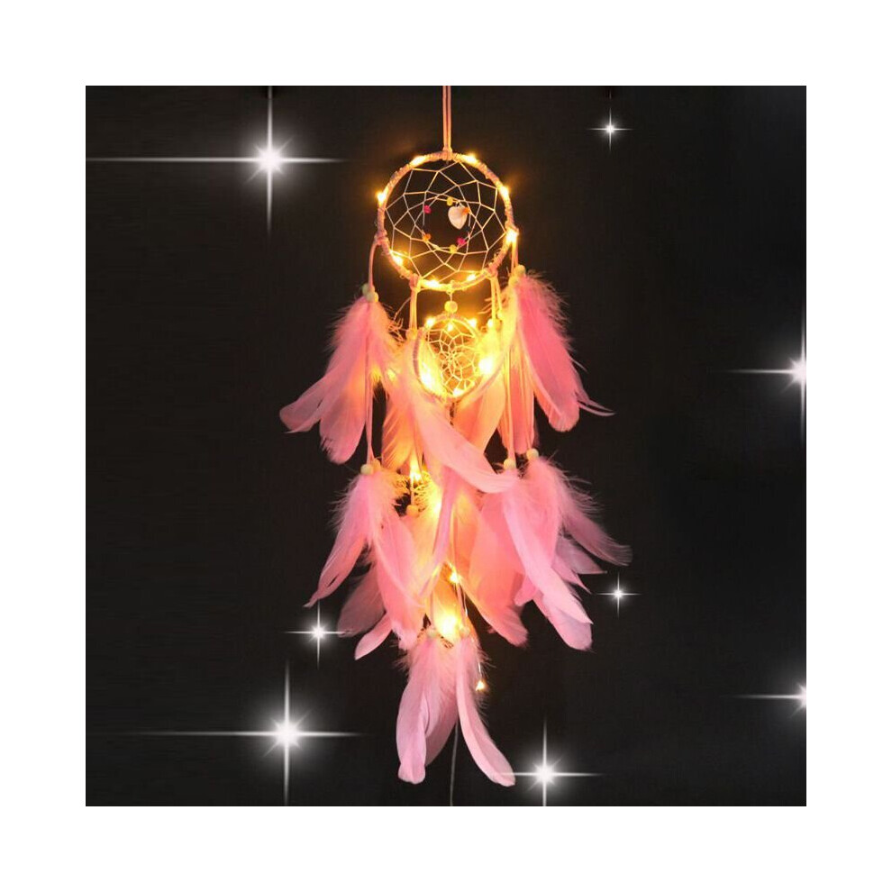 (Pink) Led Girl Heart Dream Catcher National Feather Ornaments Lace Ribbons Feathers Pink