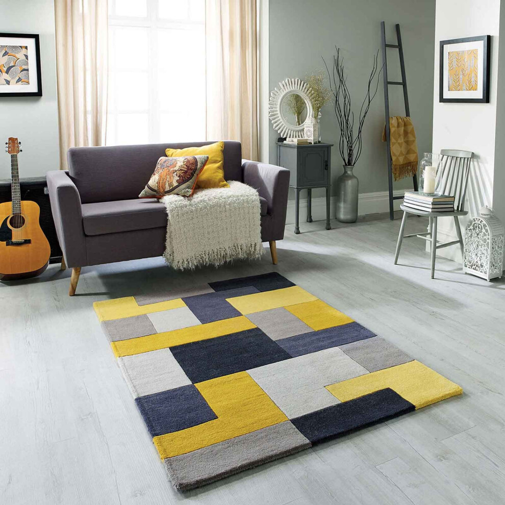 (Yellow, 90 x 150 cm) Modern Geometric Checkered Multi Coloured Rugs 100% Wool Hand Made Eco Friendly Small Extra Large Hall Runner Mat