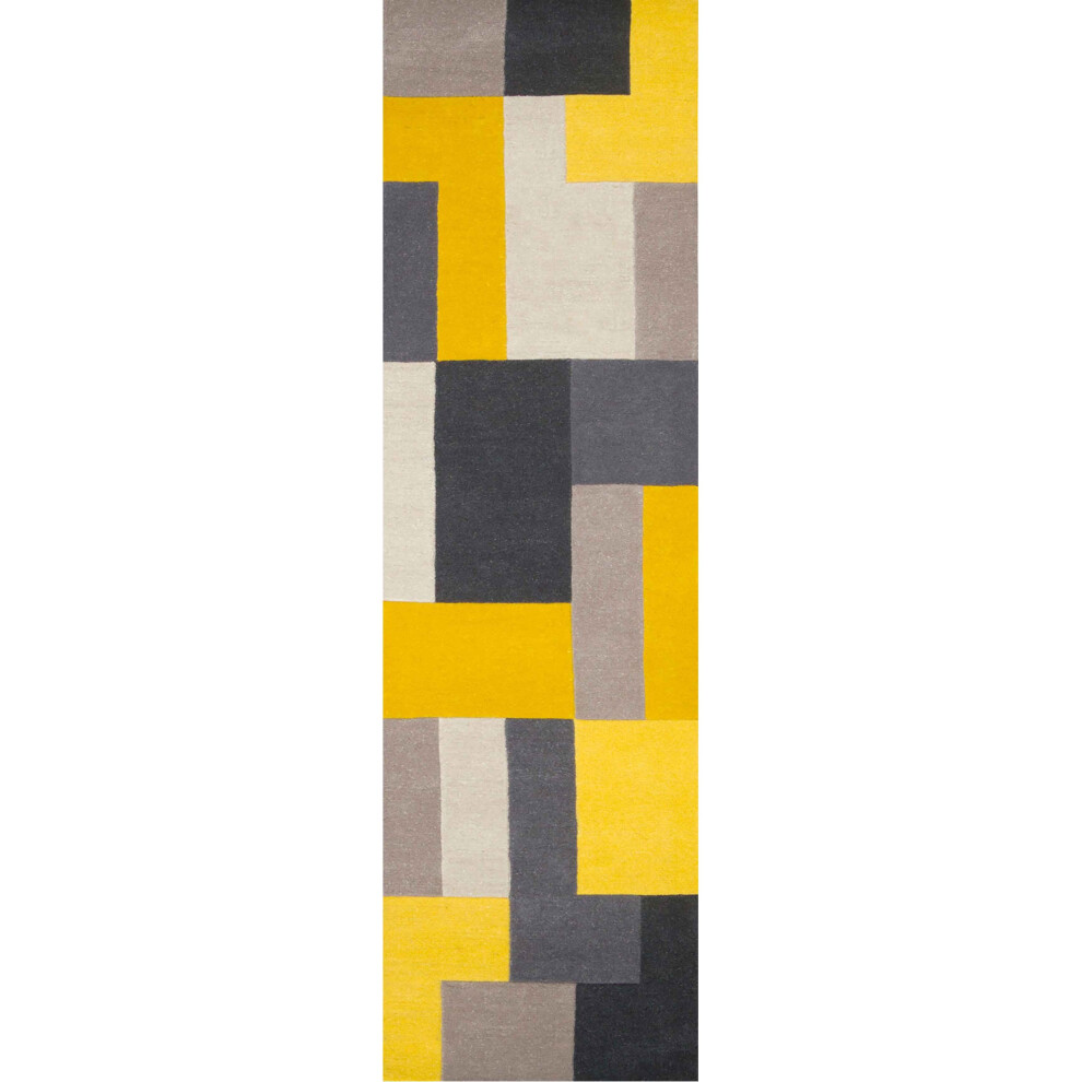 (Yellow, Runner: 060 x 230 cm) Modern Geometric Checkered Multi Coloured Rugs 100% Wool Hand Made Eco Friendly Small Extra Large Hall Runner Mat