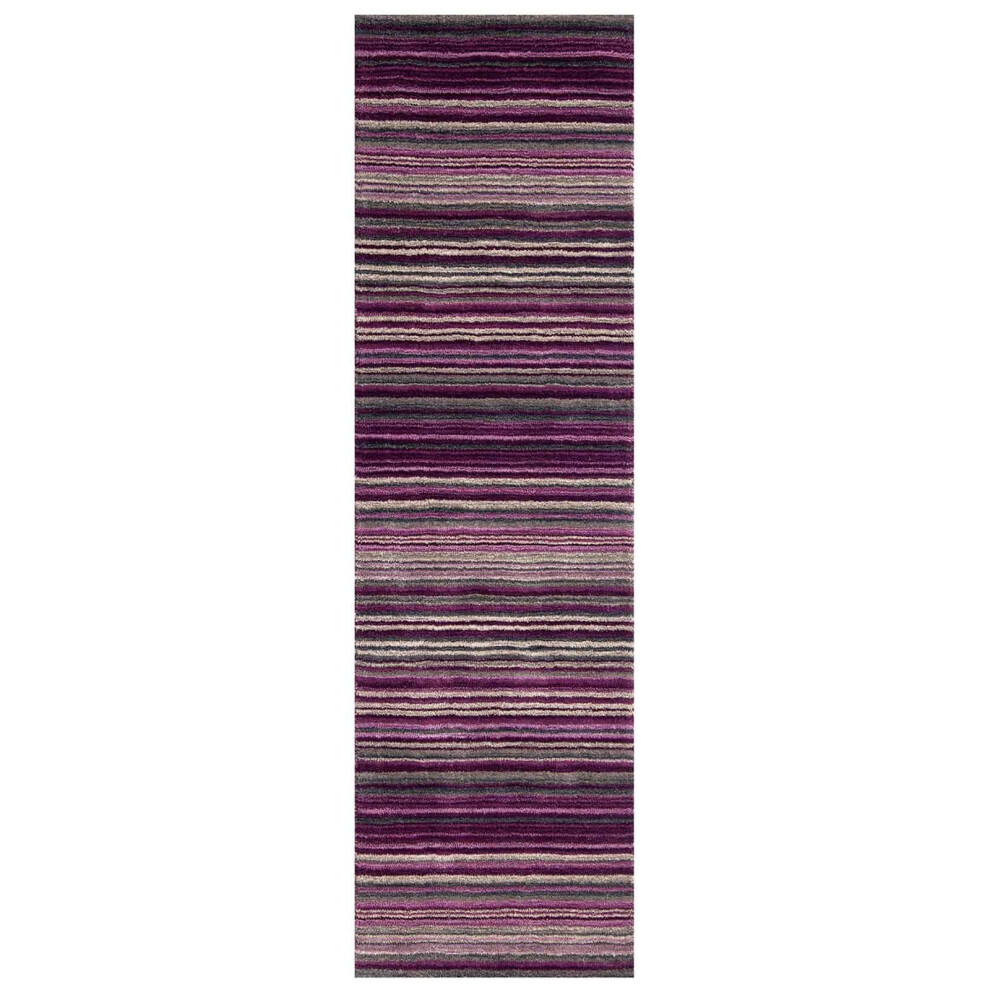 (BERRY, Runner: 60 x 230 cm) Modern Multi Coloured 100% Wool Rugs Stripe Line Design  Small Extra Large Hall Runner Rug Eco Friendly Handmade Mat