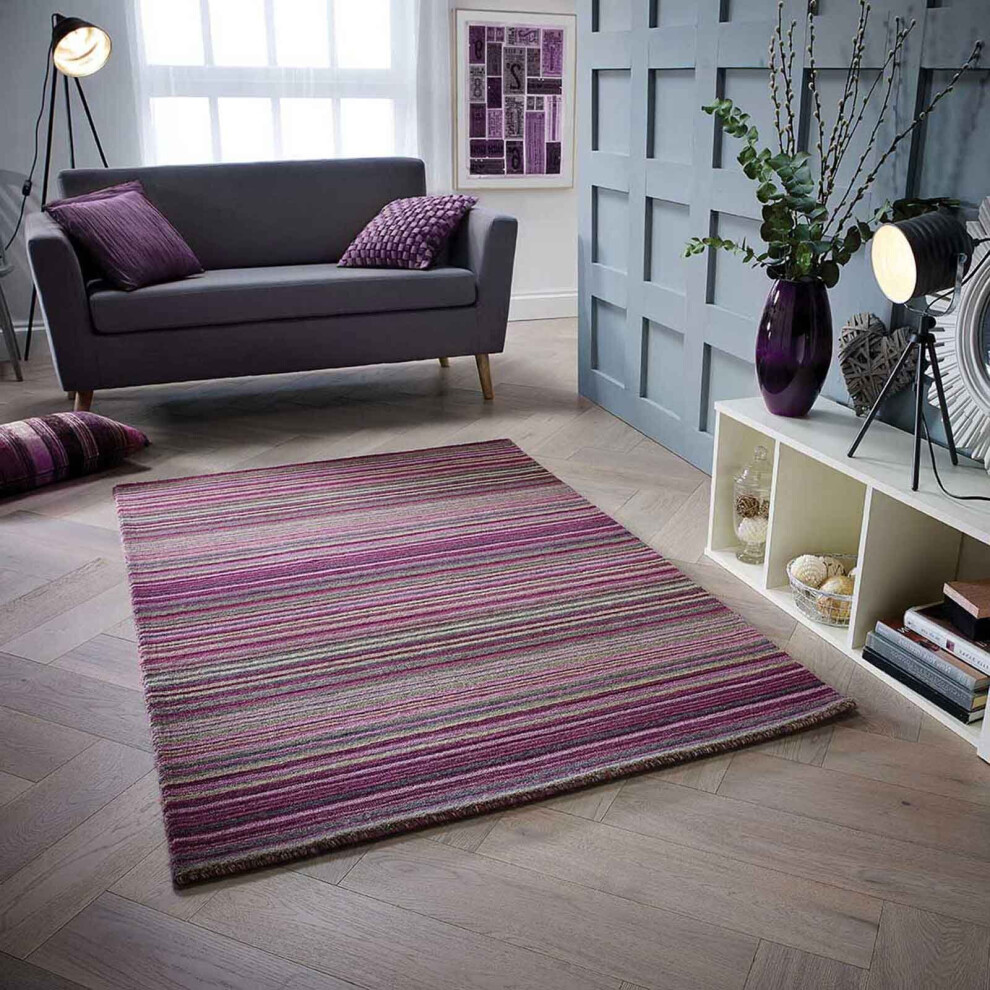 (BERRY, 80 x 150 cm) Modern Multi Coloured 100% Wool Rugs Stripe Line Design  Small Extra Large Hall Runner Rug Eco Friendly Handmade Mat