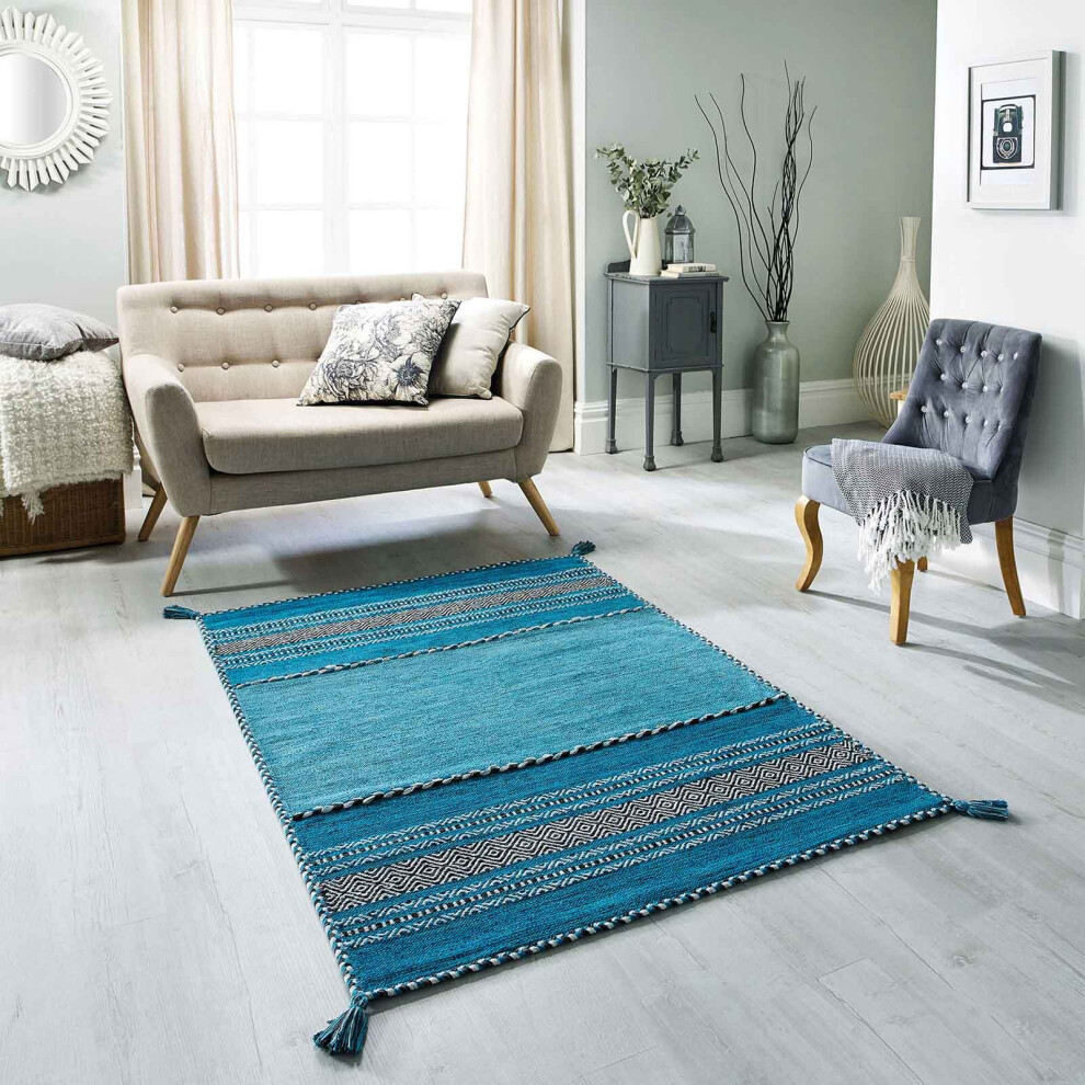 (Teal, 160 x 230 cm) Kelim Multi Coloured Rugs Cotton Eco Friendly Handmade Flatweave Rug Hall Runner Area Carpet Mat