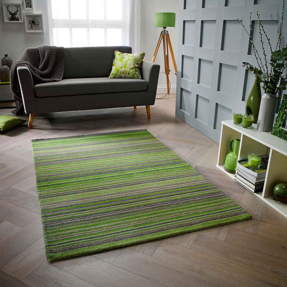 (GREEN, 200 x 285 cm) Modern Multi Coloured 100% Wool Rugs Stripe Line Design  Small Extra Large Hall Runner Rug Eco Friendly Handmade Mat