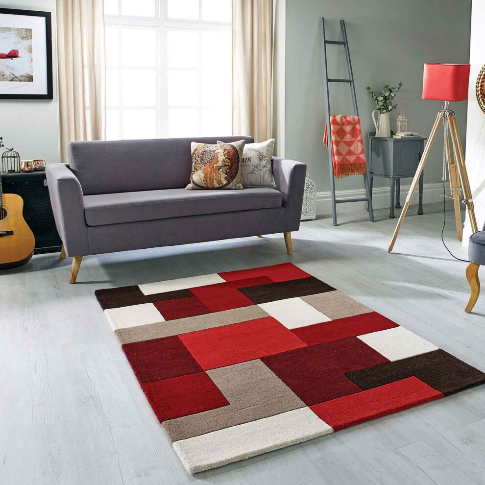 (Red, 90 x 150 cm) Modern Geometric Checkered Multi Coloured Rugs 100% Wool Hand Made Eco Friendly Small Extra Large Hall Runner Mat