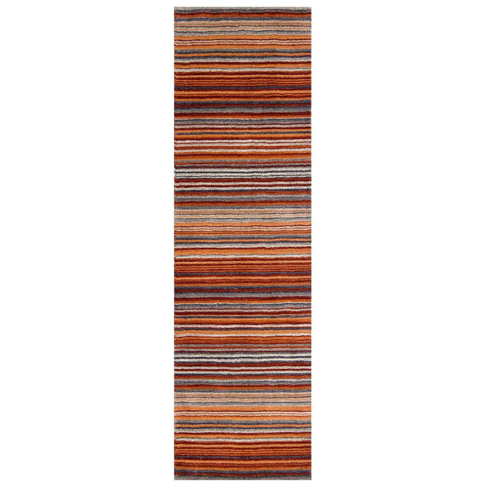 (RUST, Runner: 60 x 230 cm) Modern Multi Coloured 100% Wool Rugs Stripe Line Design  Small Extra Large Hall Runner Rug Eco Friendly Handmade Mat