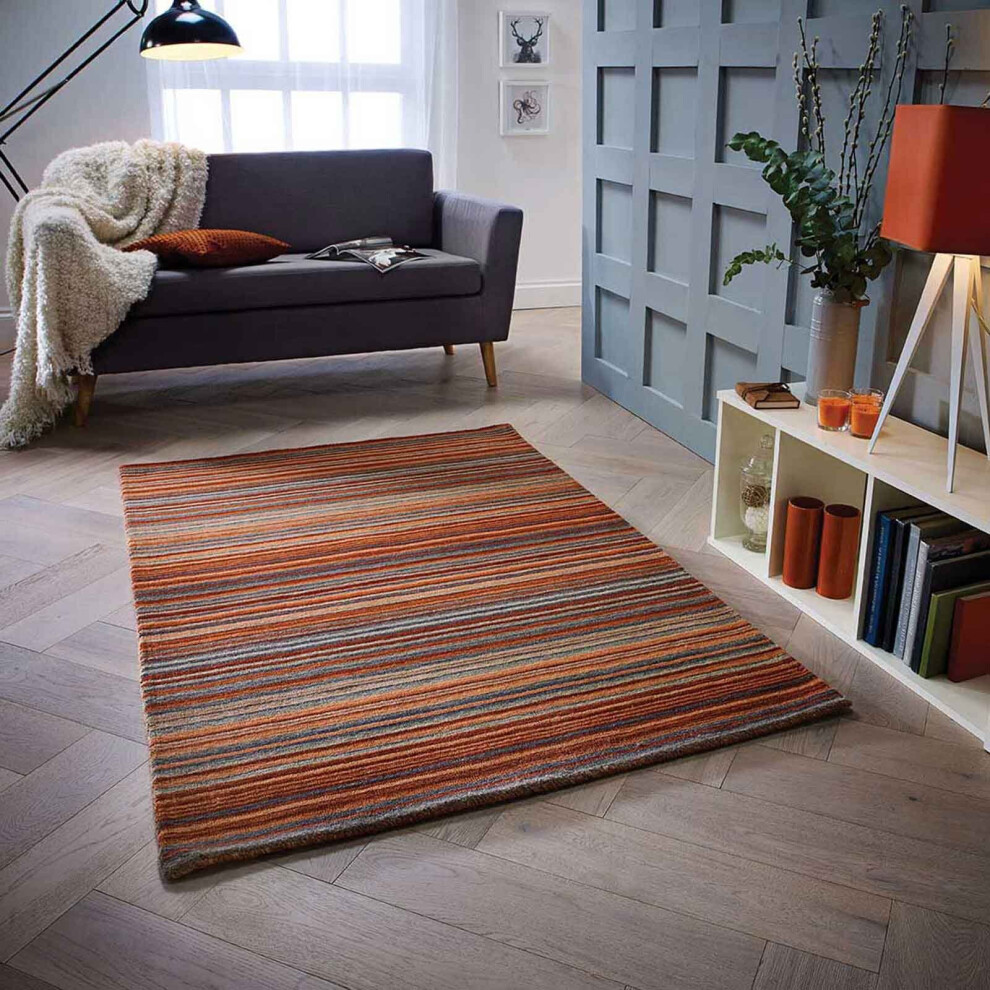 (RUST, 160 x 230 cm) Modern Multi Coloured 100% Wool Rugs Stripe Line Design  Small Extra Large Hall Runner Rug Eco Friendly Handmade Mat