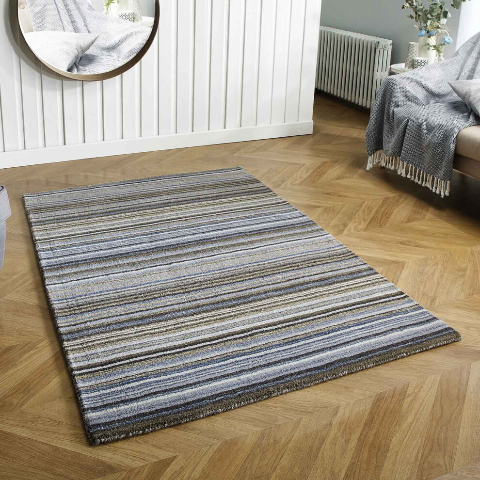 (GREY, 160 x 230 cm) Modern Multi Coloured 100% Wool Rugs Stripe Line Design  Small Extra Large Hall Runner Rug Eco Friendly Handmade Mat