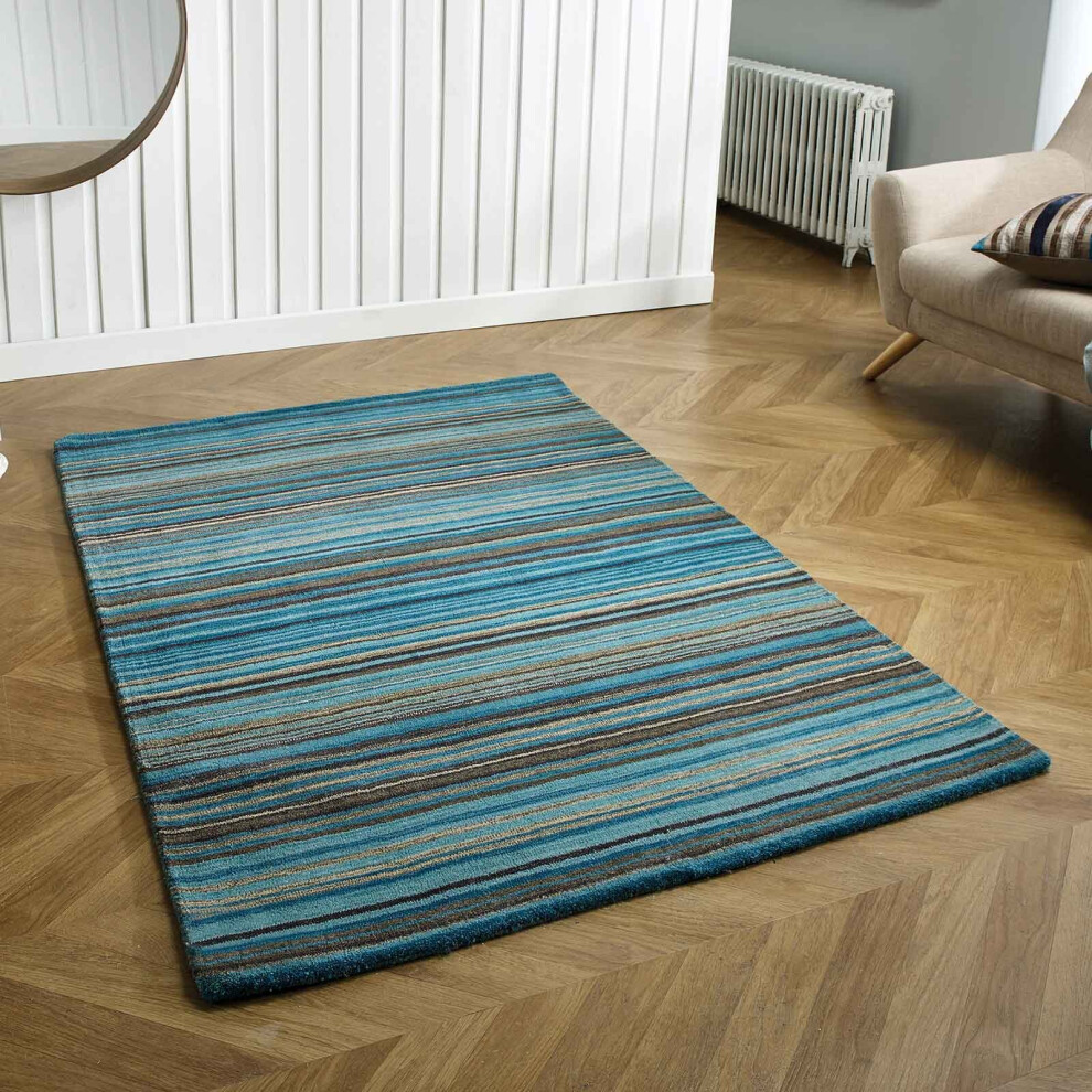 (TEAL, 80 x 150 cm) Modern Multi Coloured 100% Wool Rugs Stripe Line Design  Small Extra Large Hall Runner Rug Eco Friendly Handmade Mat