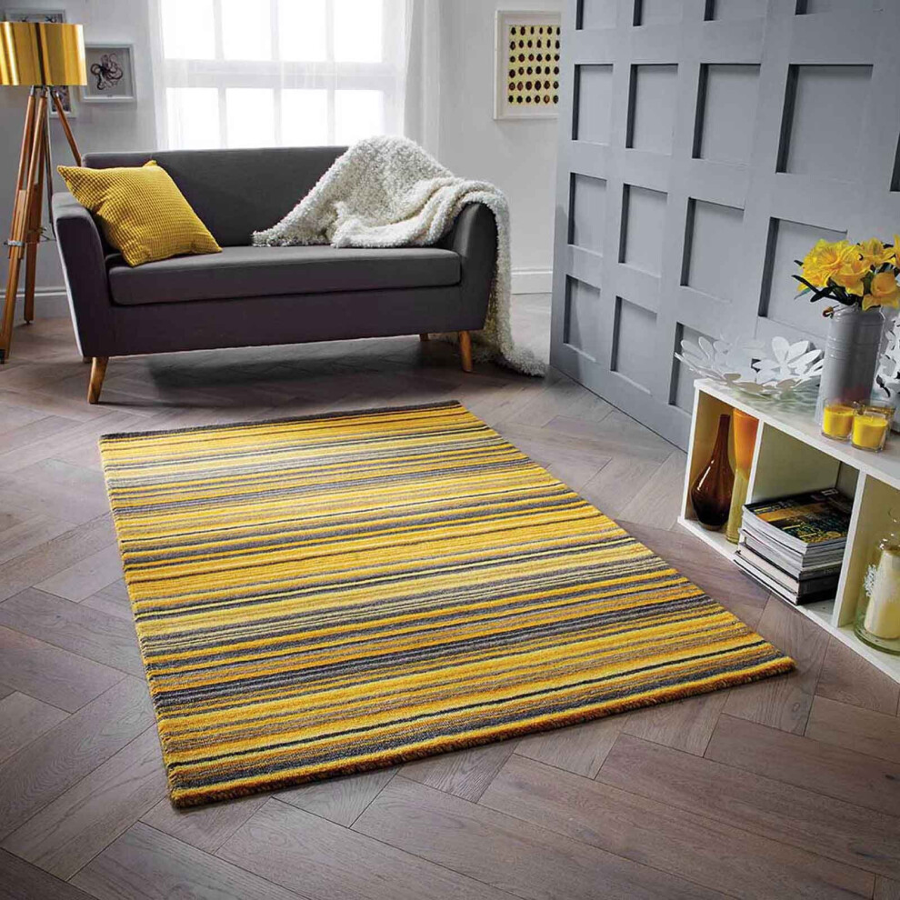 (OCHRE, 200 x 285 cm) Modern Multi Coloured 100% Wool Rugs Stripe Line Design  Small Extra Large Hall Runner Rug Eco Friendly Handmade Mat