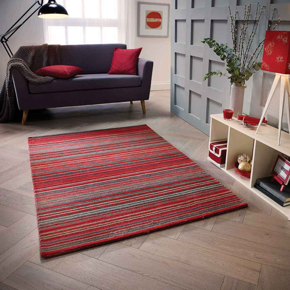 (RED, 160 x 230 cm) Modern Multi Coloured 100% Wool Rugs Stripe Line Design  Small Extra Large Hall Runner Rug Eco Friendly Handmade Mat