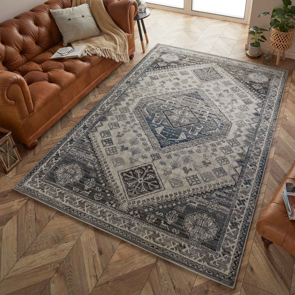 (KENDRA 2603H - Grey, 150x150cm : Circle) Luxury Traditional Rugs Small Extra Large Hallway Runners Round Circle Mat Rug Living Room Bedroom Moth Resi