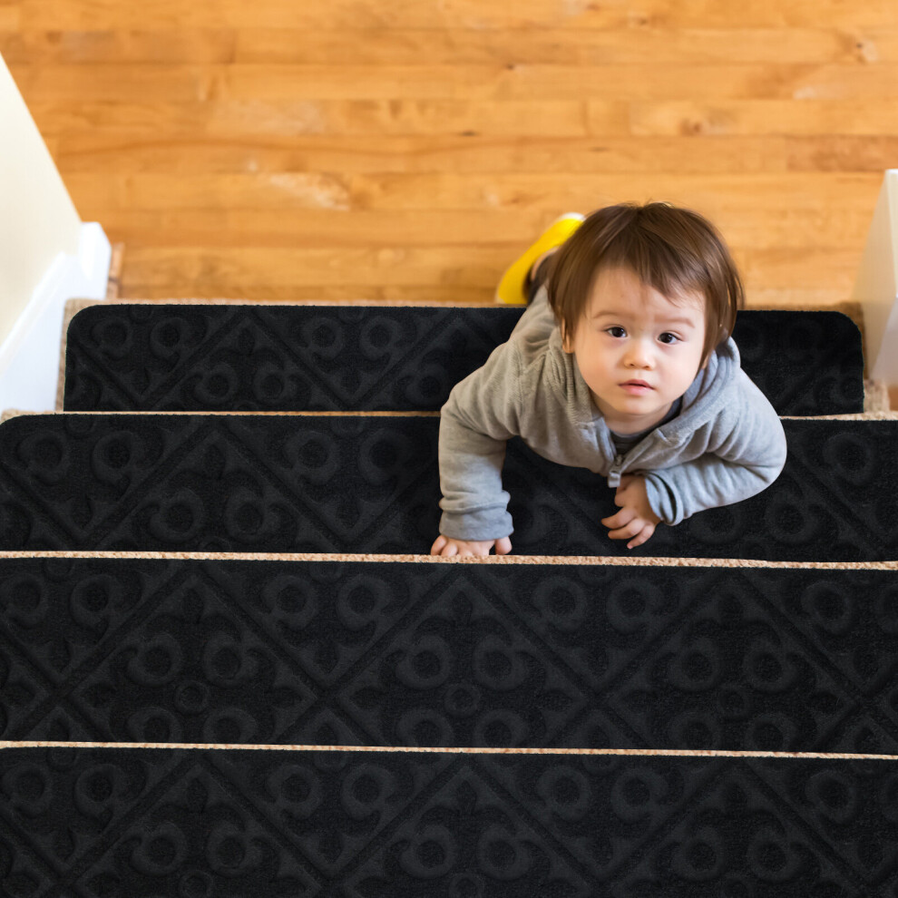 15PCS Non-Slip Carpet Stair Treads 76x20cm Mats Indoor for Wooden Steps Black