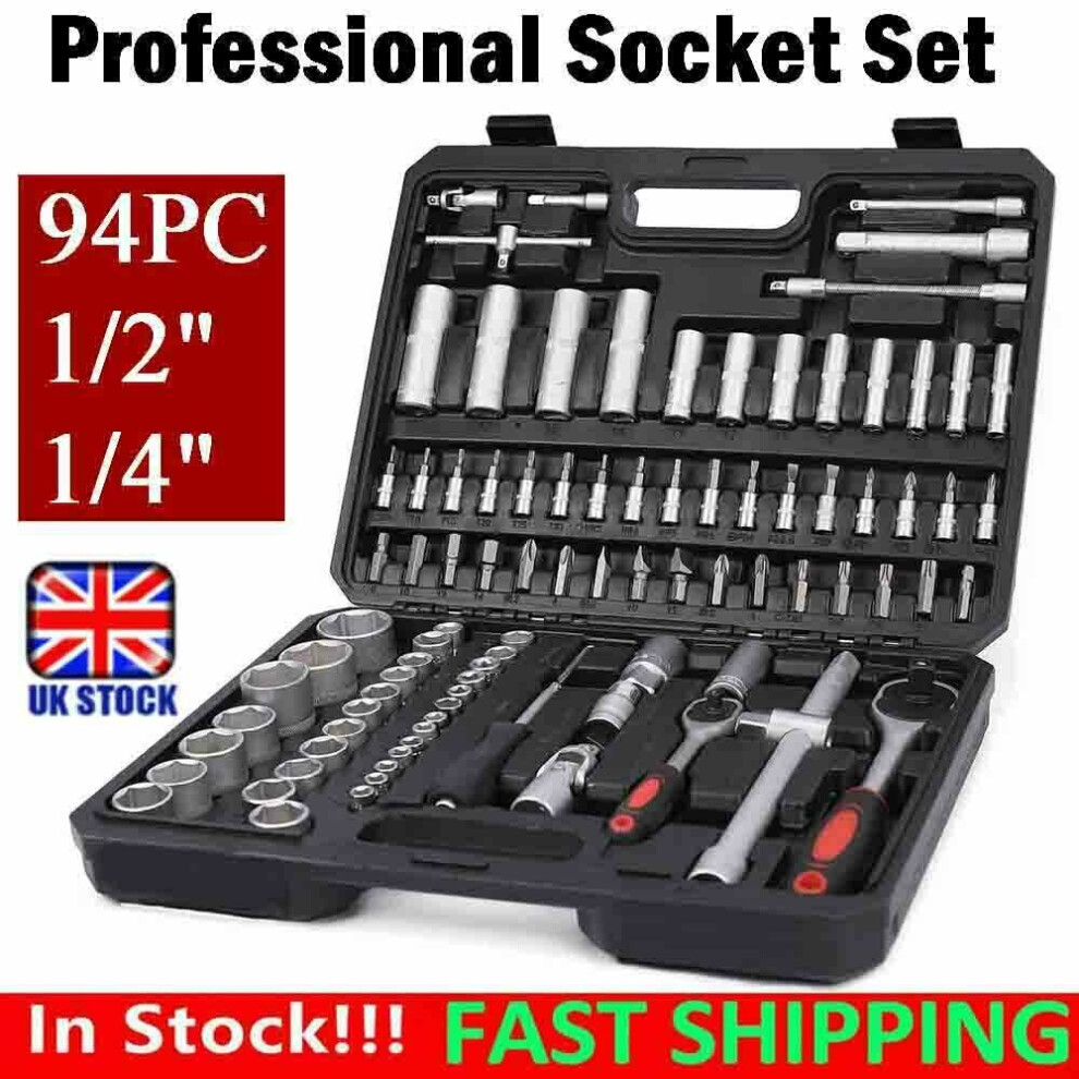 94PC 1/2" 1/4" Socket Set & Screwdriver Bit Torx Wrench Ratchet Case