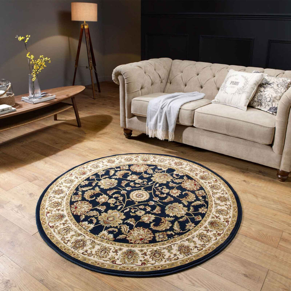 (KENDRA 3330B Navy Blue, 150x150cm : Circle) Luxury Traditional Rugs Small Extra Large Hallway Runners Round Circle Mat Rug Living Room Bedroom Moth R