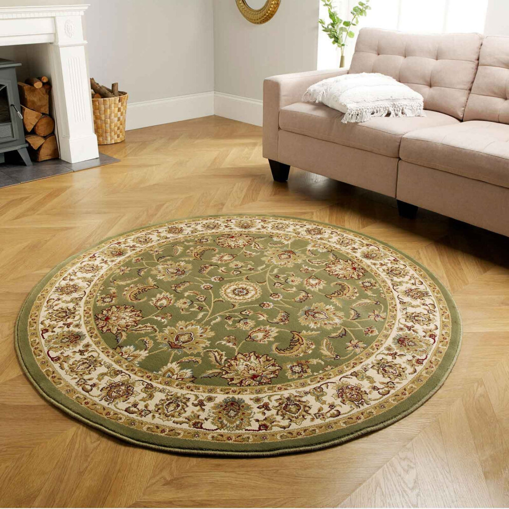 (KENDRA 3330G Green, 150x150cm : Circle) Luxury Traditional Rugs Small Extra Large Hallway Runners Round Circle Mat Rug Living Room Bedroom Moth Resis