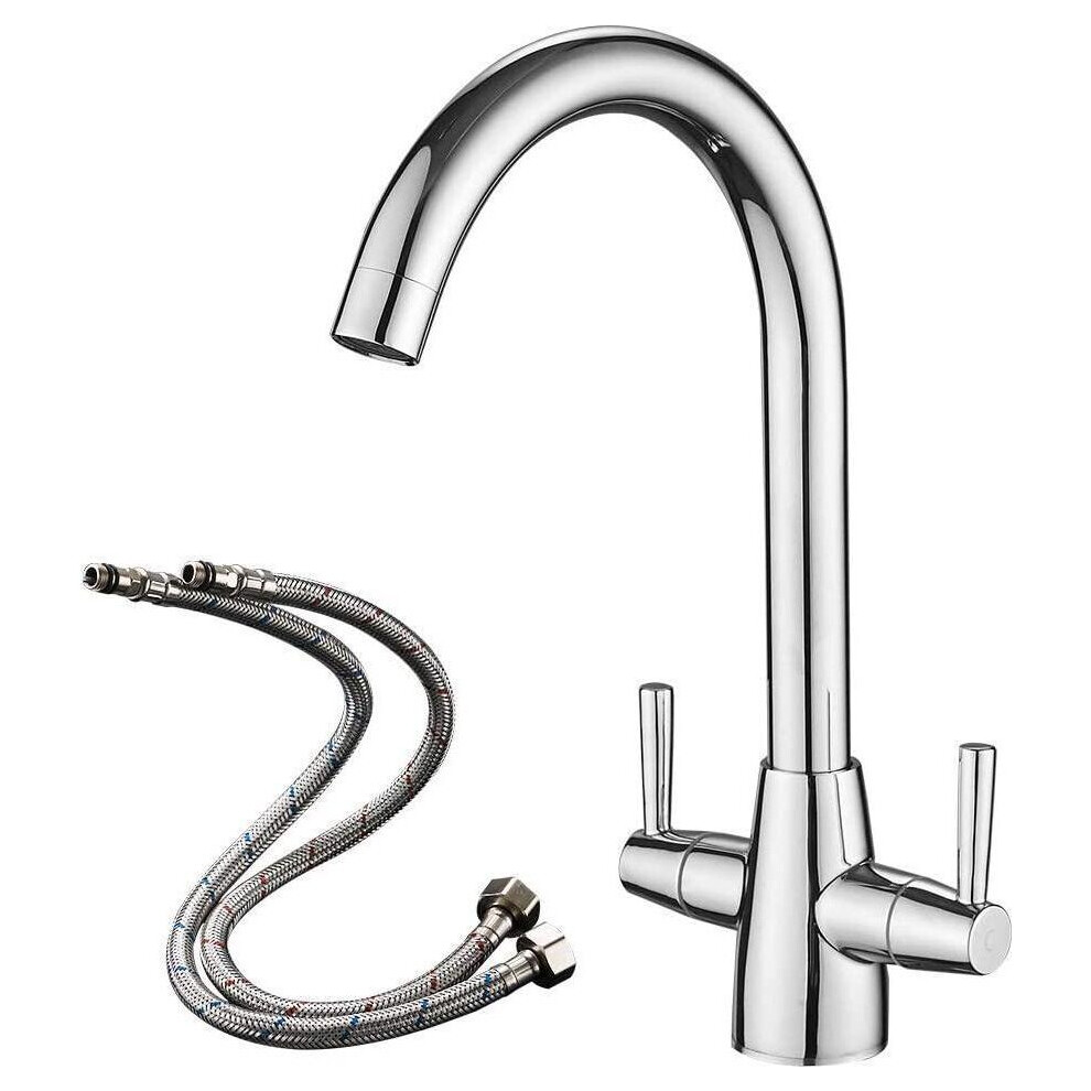 Kitchen Mixer Tap Dual Lever Swivel Spout Chrome Sink Taps with UK Standard Fittings