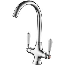White Ceramic Kitchen Mixer Tap - Dual Lever Monobloc with 360 Swivel Spout, Chrome Finish, UK Standard Fittings