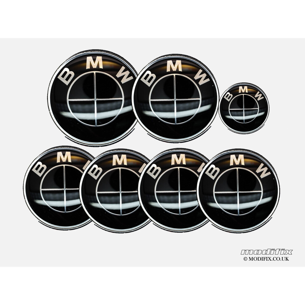 MODIFIX-CO-UK BMW BLACK Emblem Badge 7pcs Set: Front + Rear + Centre Caps + Decal